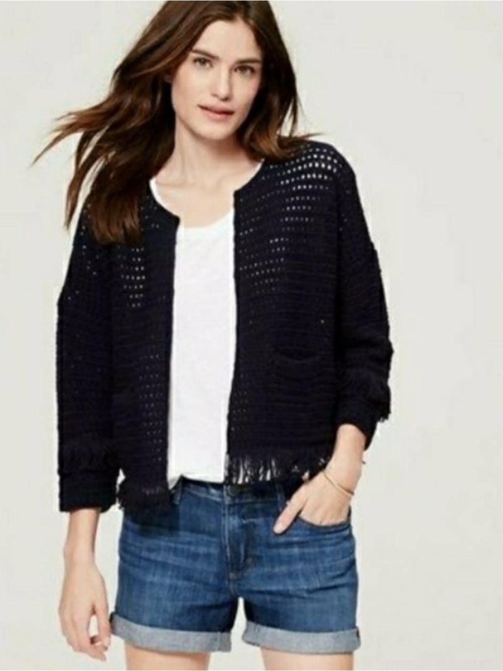 LOFT Navy Open-Knit Fringe Hem Cardigan